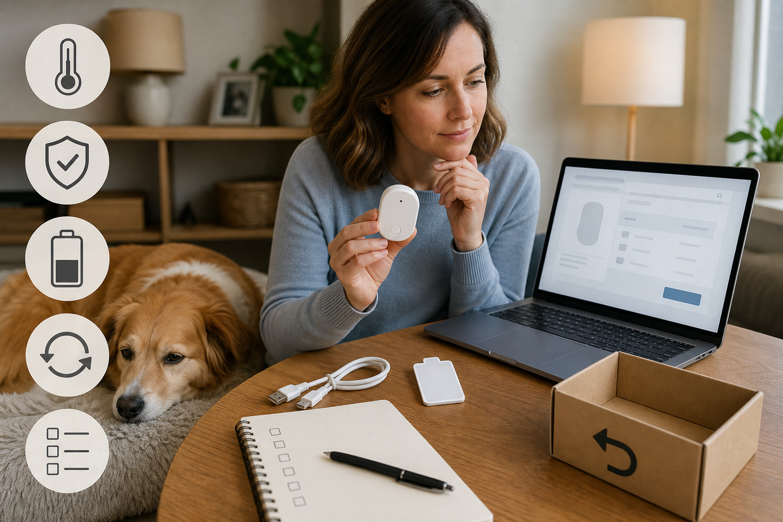 Pet owner comparing an unbranded smart pet temperature monitor, charger and return terms before checkout