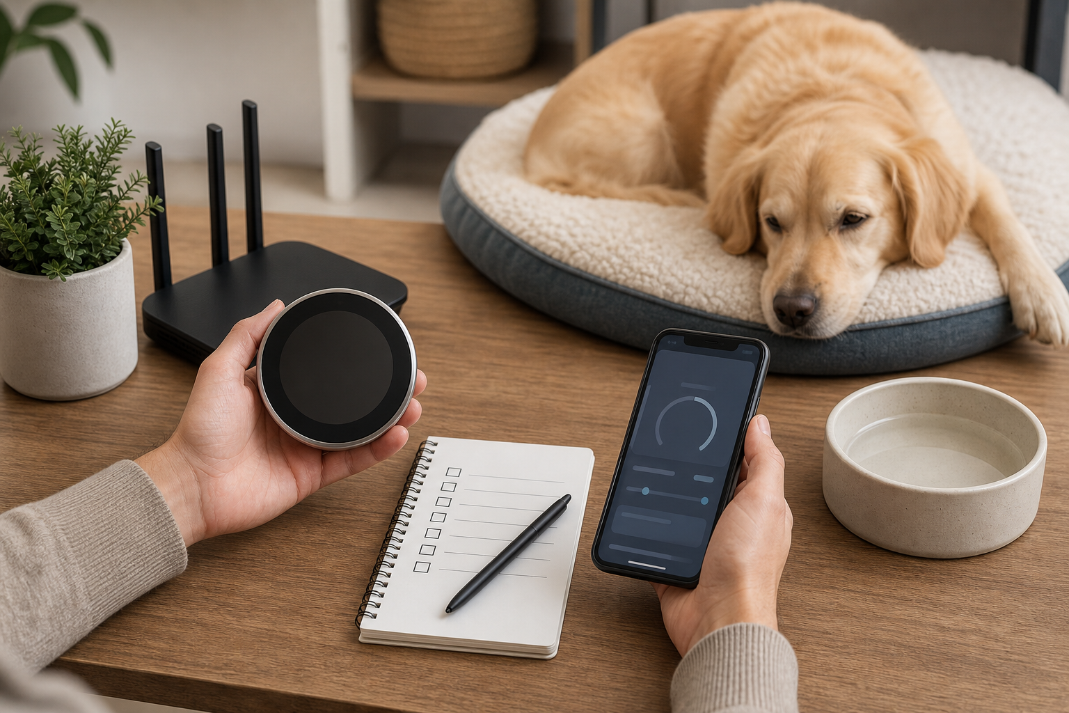 Pet owner comparing an unbranded smart thermostat before checkout