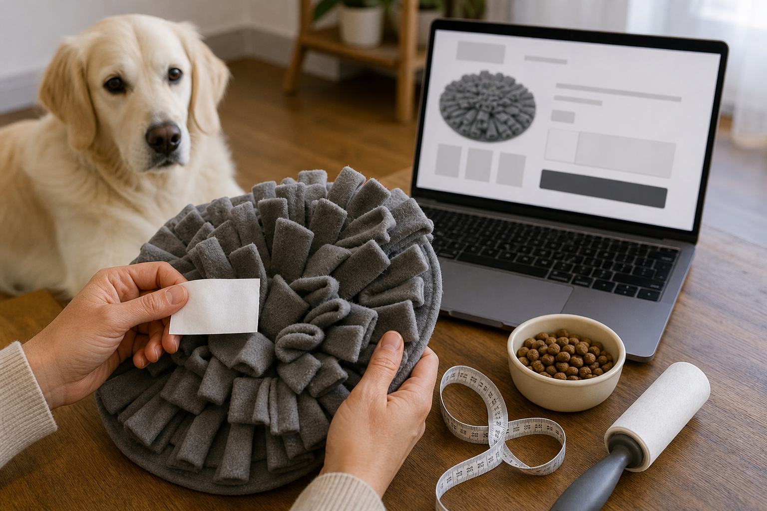 Pet owner checking an unbranded snuffle mat near a generic checkout screen