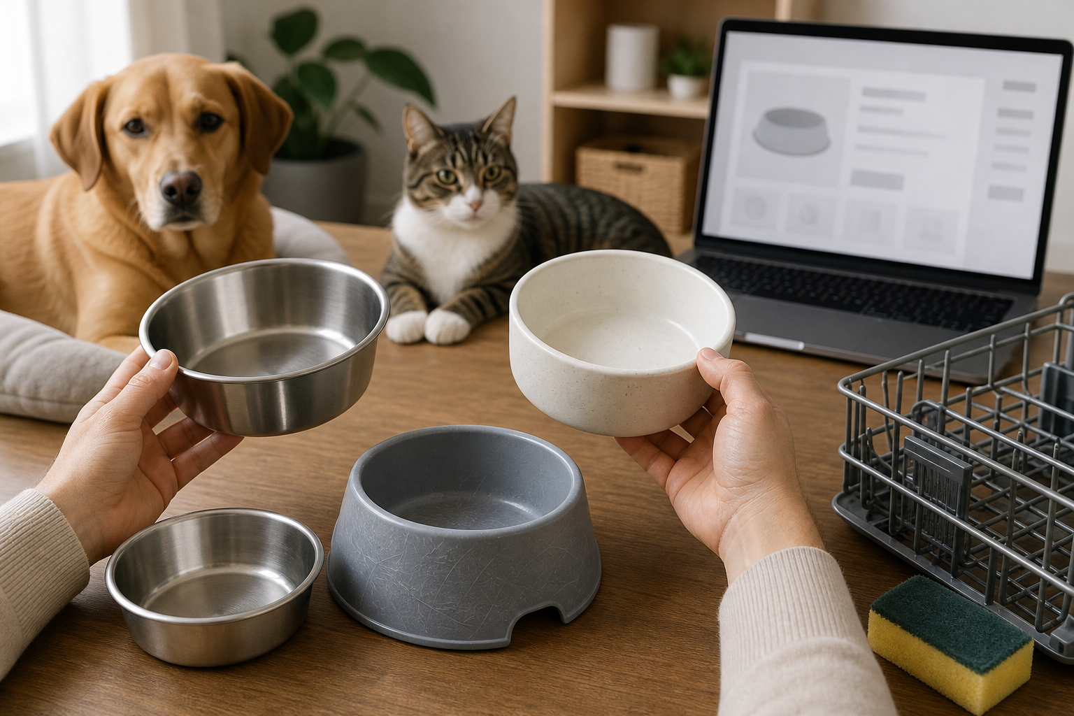 Unbranded pet bowls compared before checkout with dog and cat nearby
