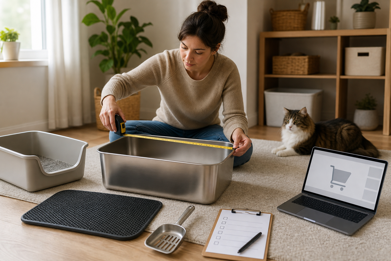 Pet owner comparing an unbranded stainless steel litter box before checkout