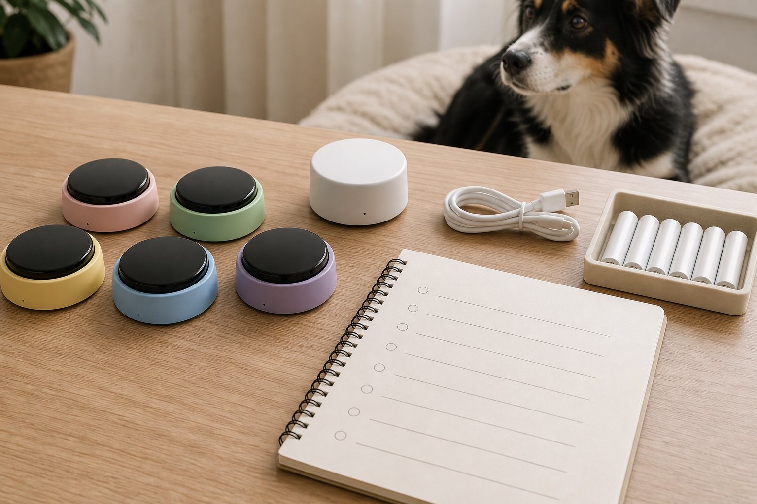 Unbranded pet talking buttons with hub batteries and checklist