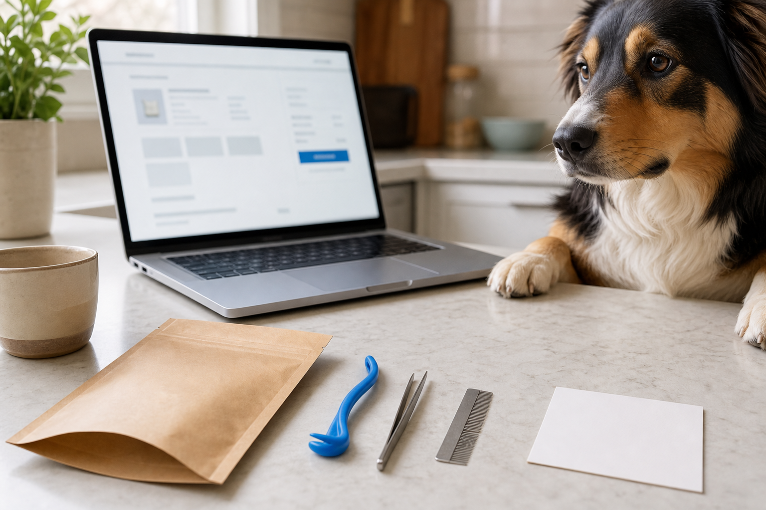 Unbranded pet tick-removal tools beside a generic online checkout screen