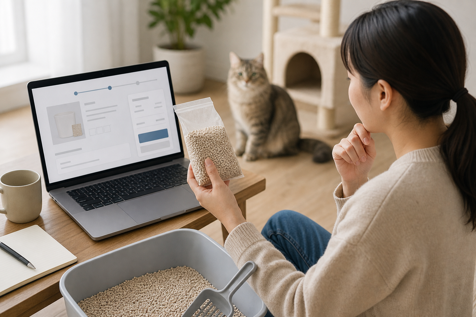 Pet owner comparing a small unbranded tofu cat litter trial bag before checkout