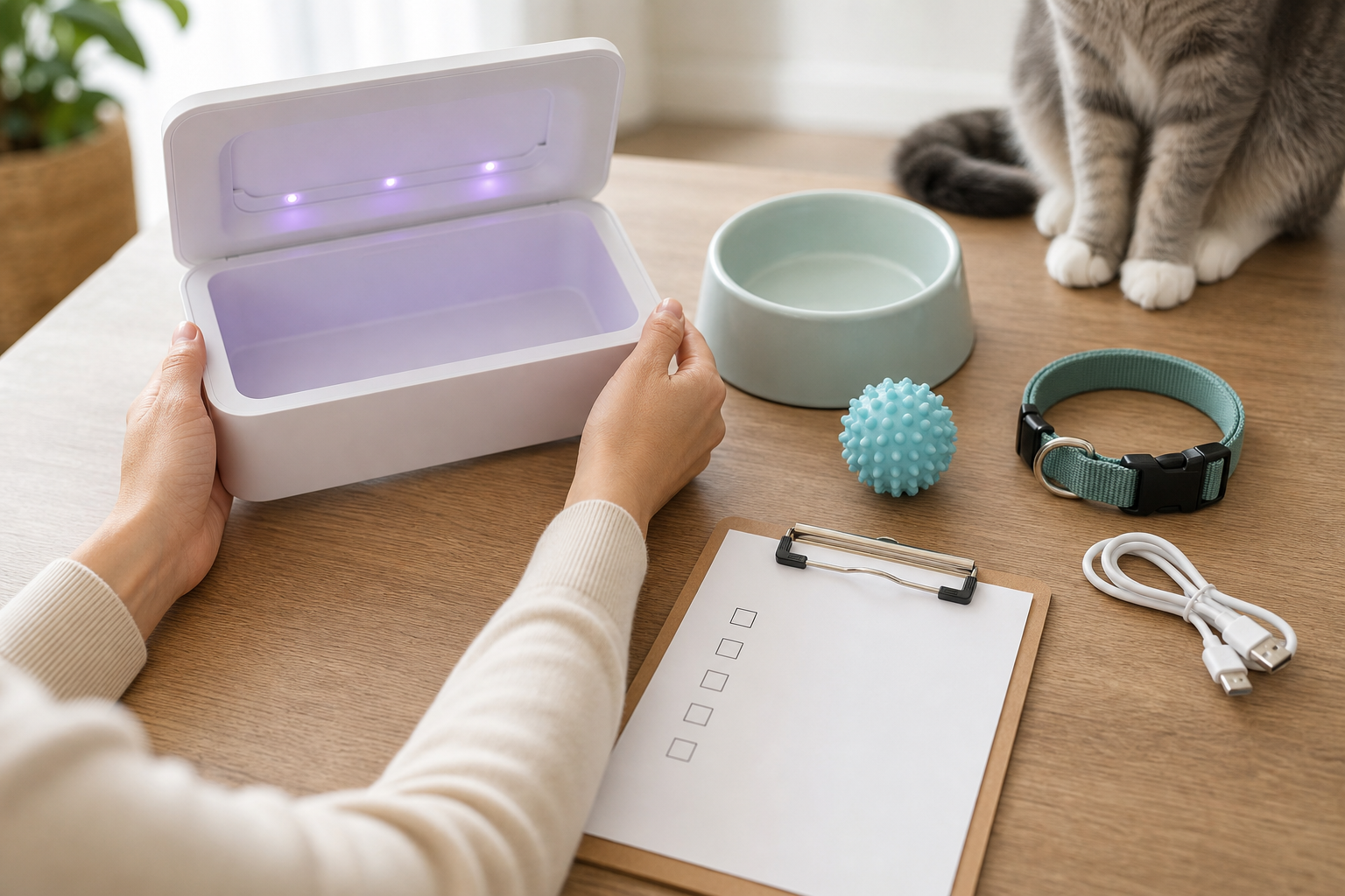 Unbranded UV sanitizer box with clean pet bowl, collar and toy before checkout
