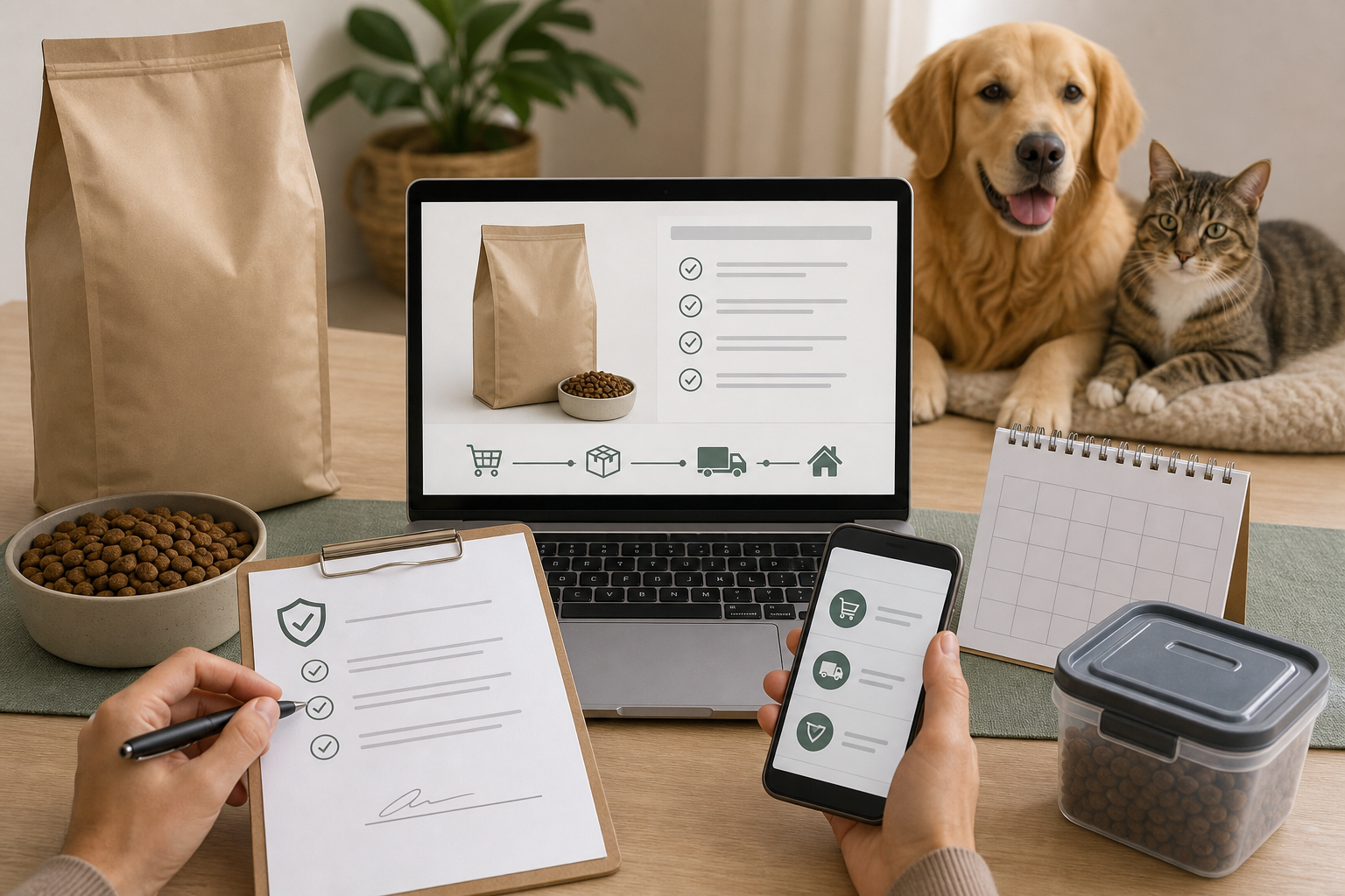 Unbranded veterinary diet order checklist with dog and cat nearby