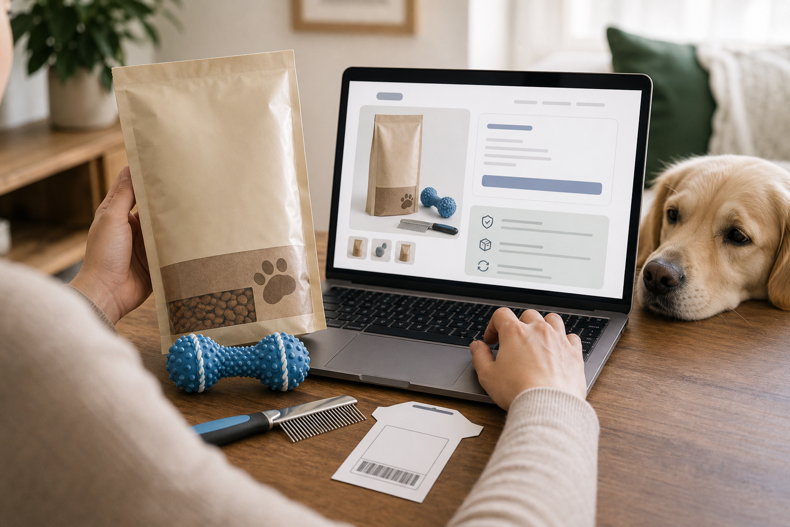 Unbranded pet supply order and marketplace return details on a laptop