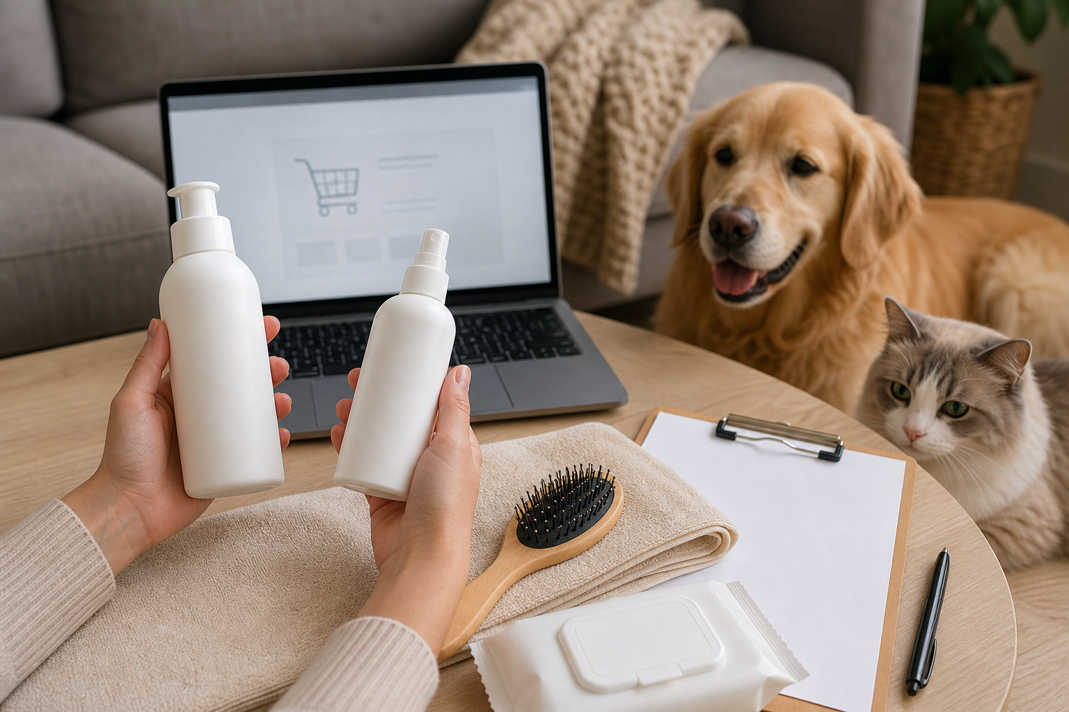 Unbranded waterless pet shampoo bottles compared before checkout with dog and cat nearby