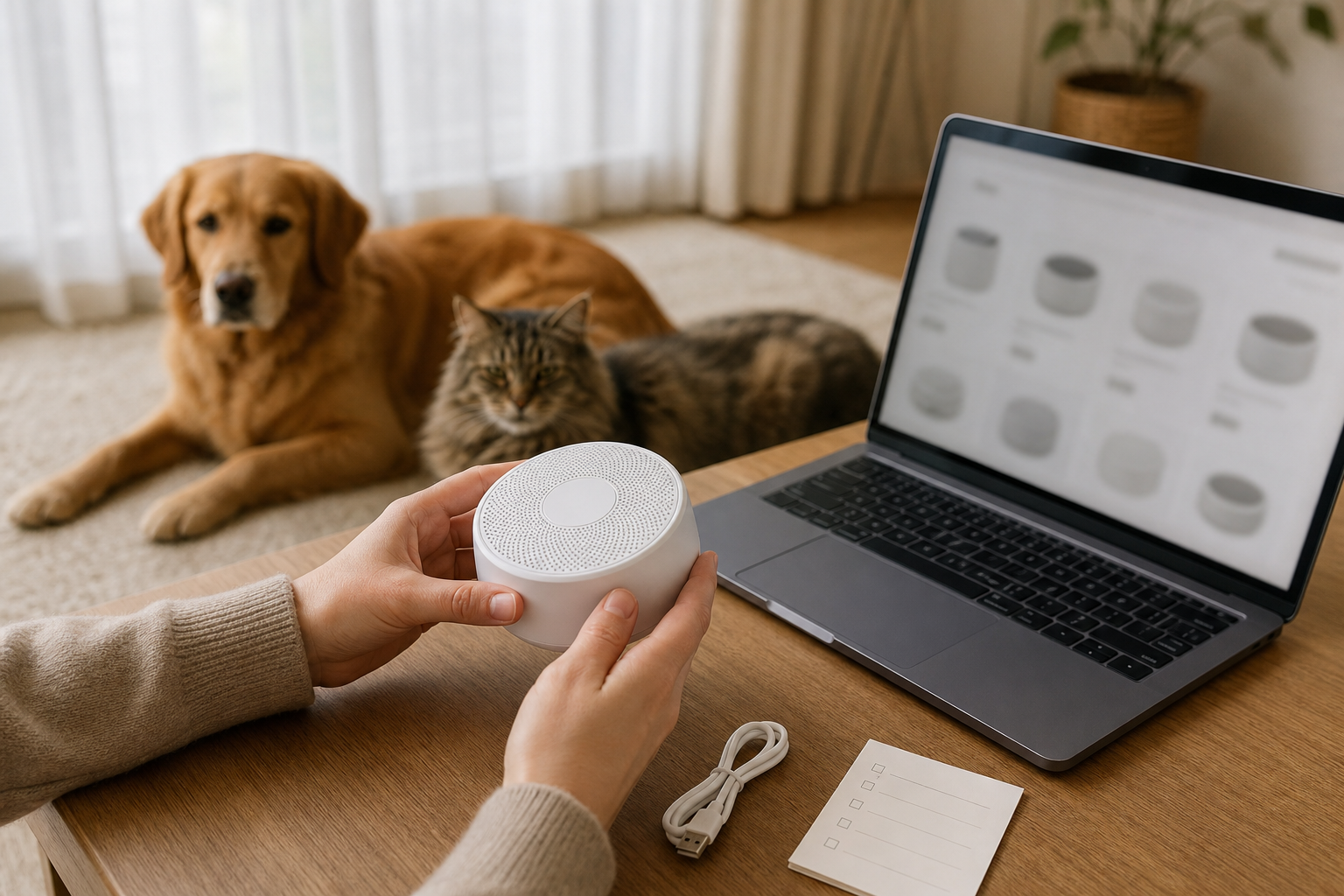 Unbranded white noise machine being checked before purchase with pets nearby