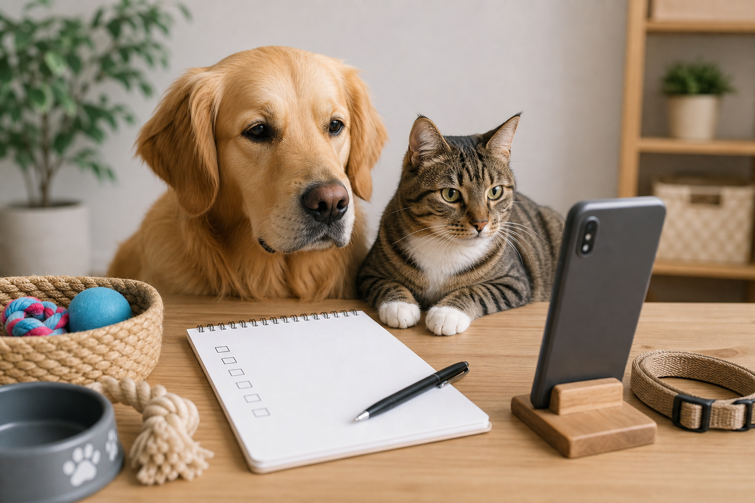 Generated image of a generic AI pet heart app checkout scene with a calm dog and cat