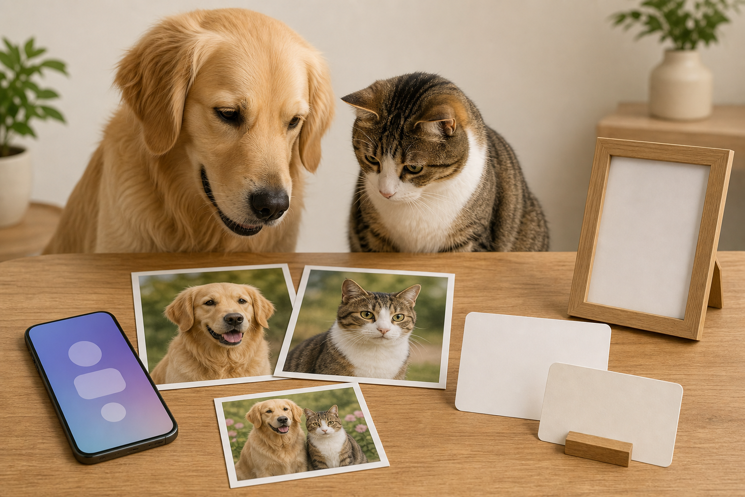 Dog and cat beside generic pet photos and a blank phone screen for an AI pet portrait app checkout check