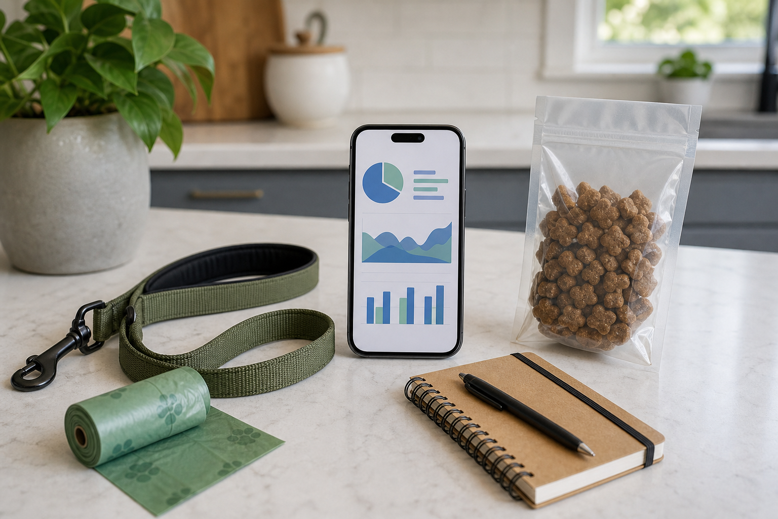 Unbranded pet health app chart, leash, poop bags and notebook for checkout checks