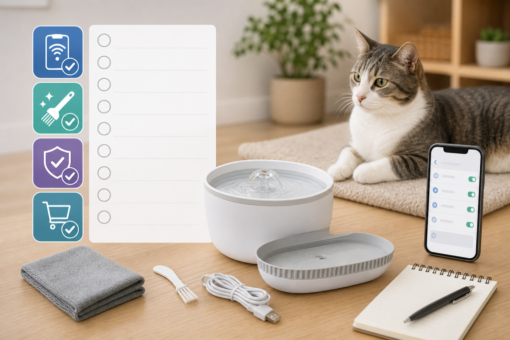 Unbranded smart pet water fountain checkout scene with filters and app icons