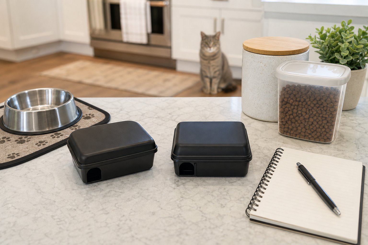 Generic ant bait stations on a counter with pet food and a cat safely in the background