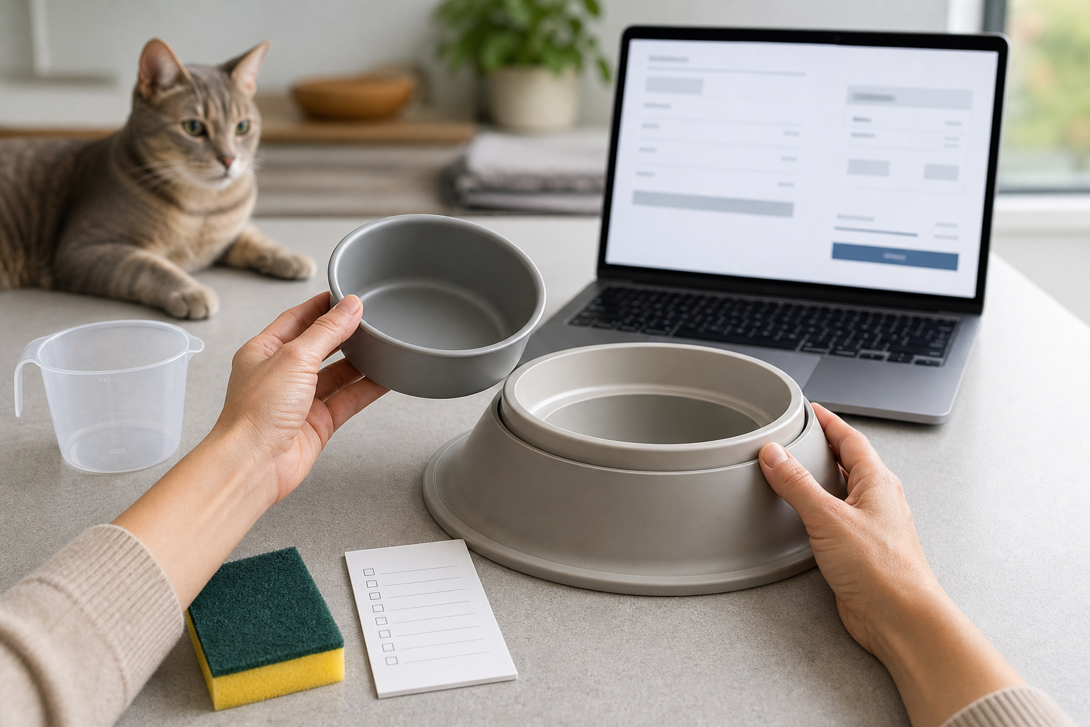Generated editorial image of an unbranded ant-proof pet bowl being checked before checkout