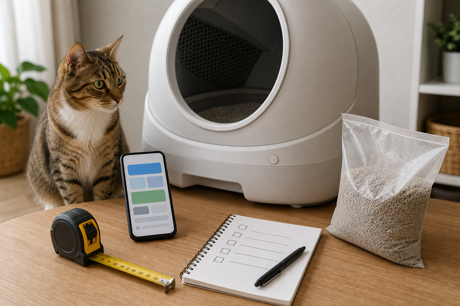 Unbranded automatic litter box checkout scene with cat, litter, phone and measuring tape