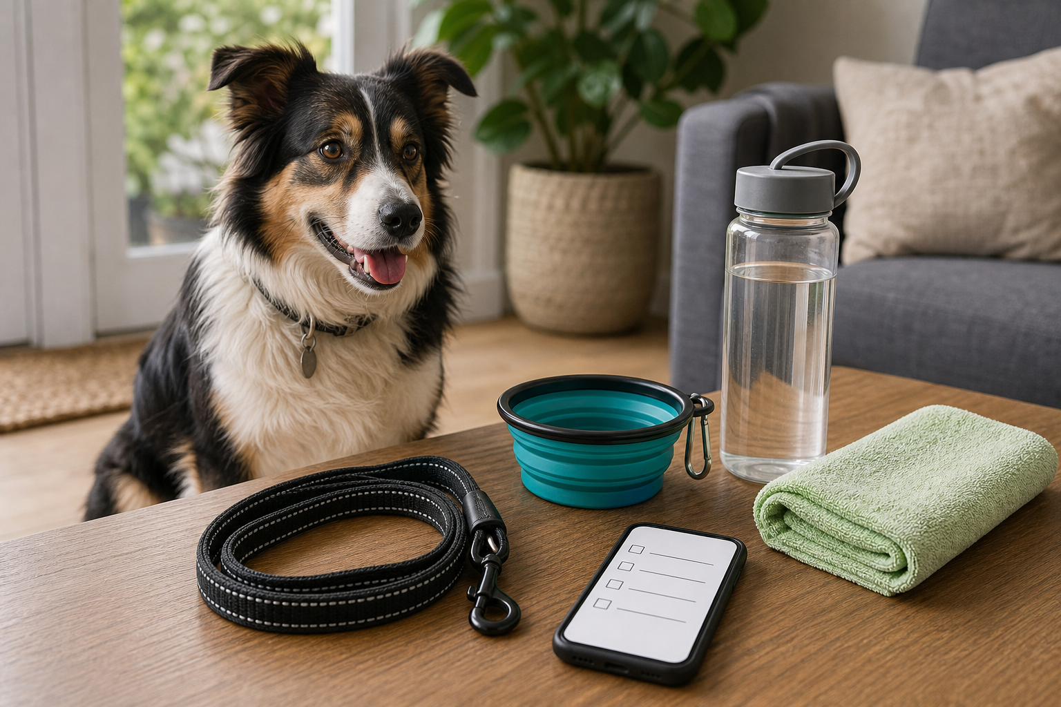 Dog travel bowl clean water bottle and towel arranged for a summer outing