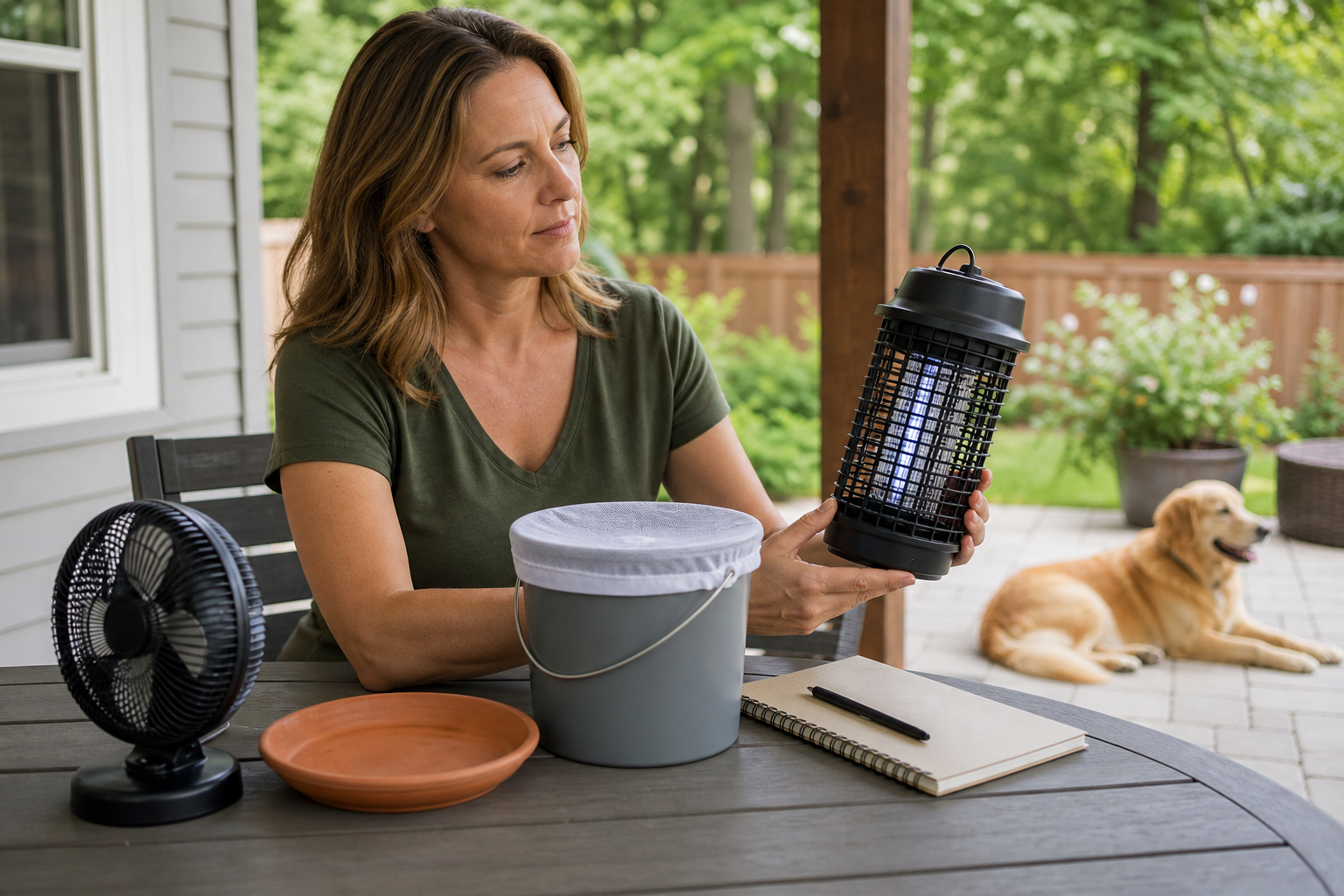 Pet owner comparing an unbranded bug zapper with a fan and standing-water controls