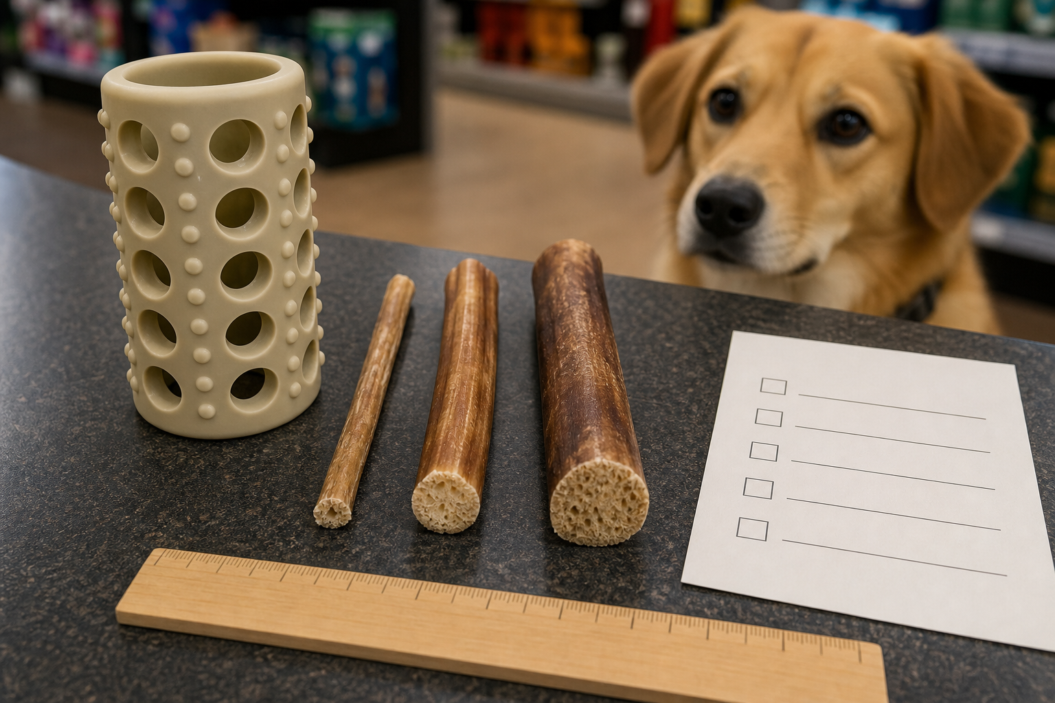 Unbranded bully stick holder with different chew diameters and checkout checklist
