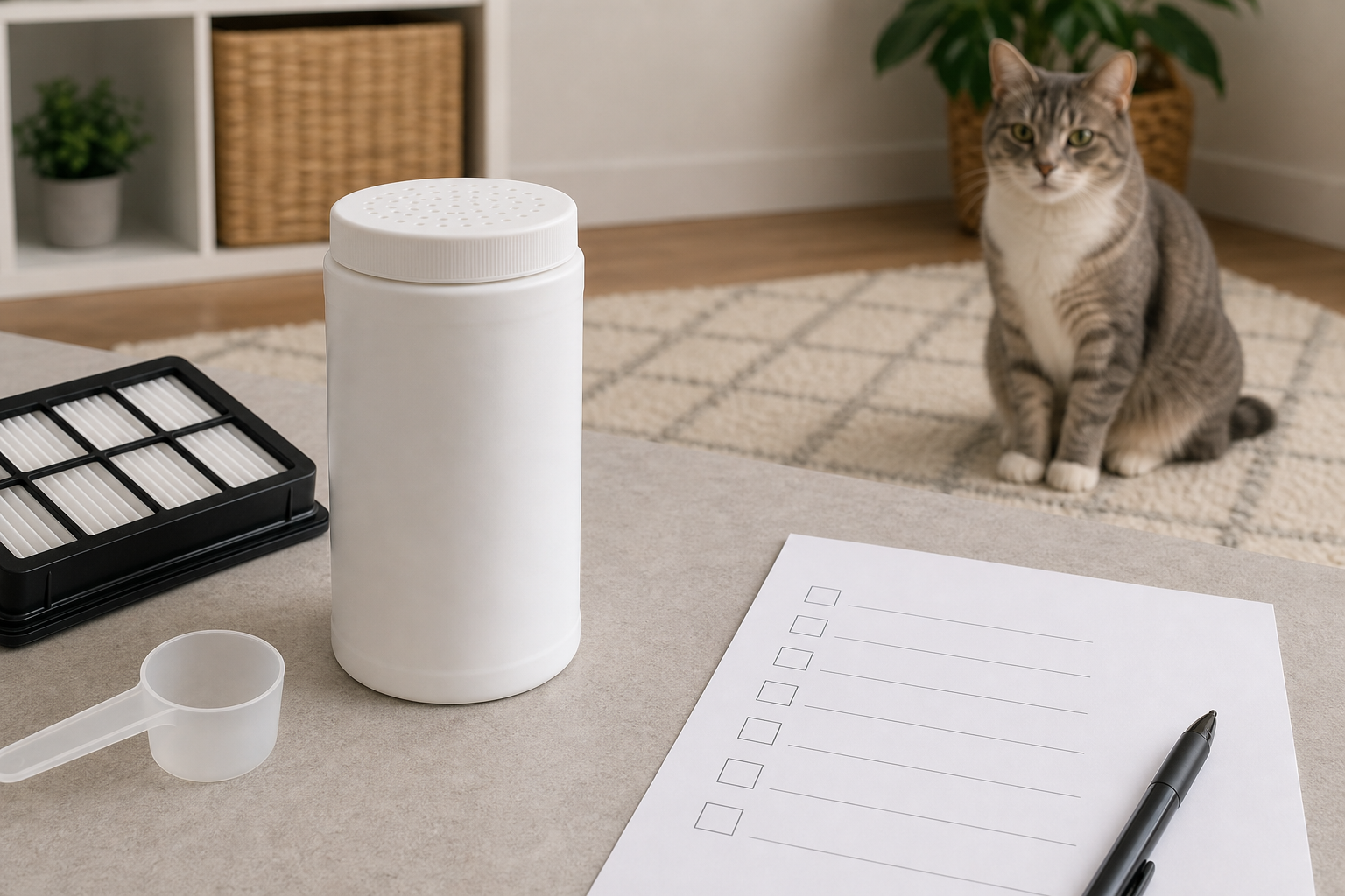 Unbranded carpet deodorizer container with vacuum filter and checklist near a calm cat