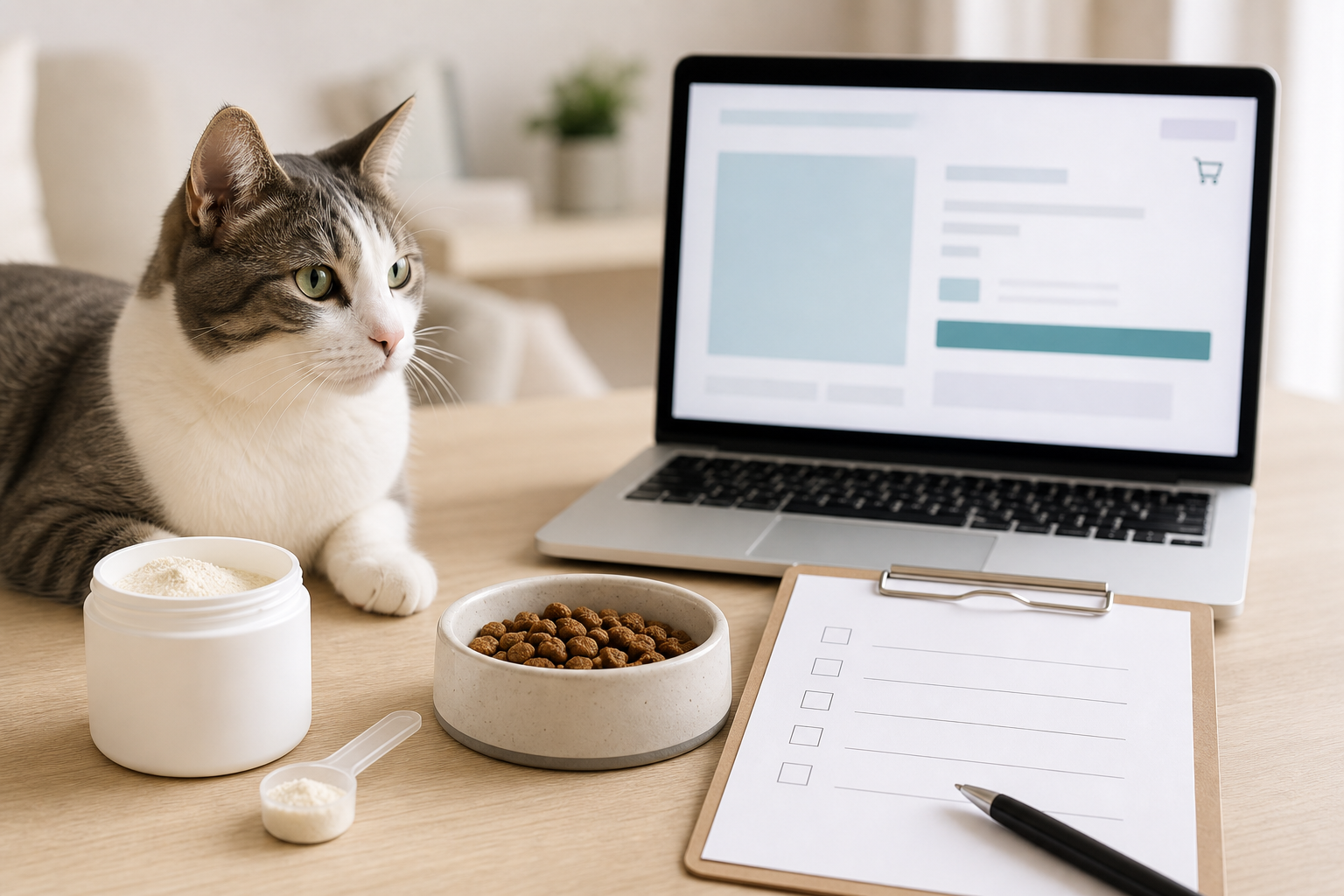 Unbranded cat dental powder checkout scene with a calm cat and blank checklist