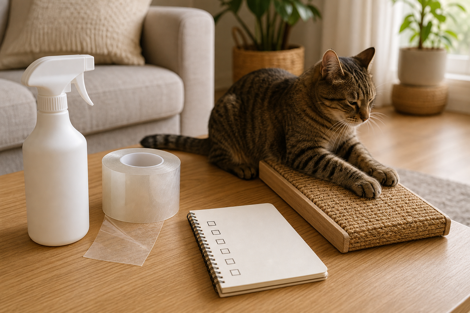 Unbranded cat deterrent spray, protector tape and scratch pad checklist scene