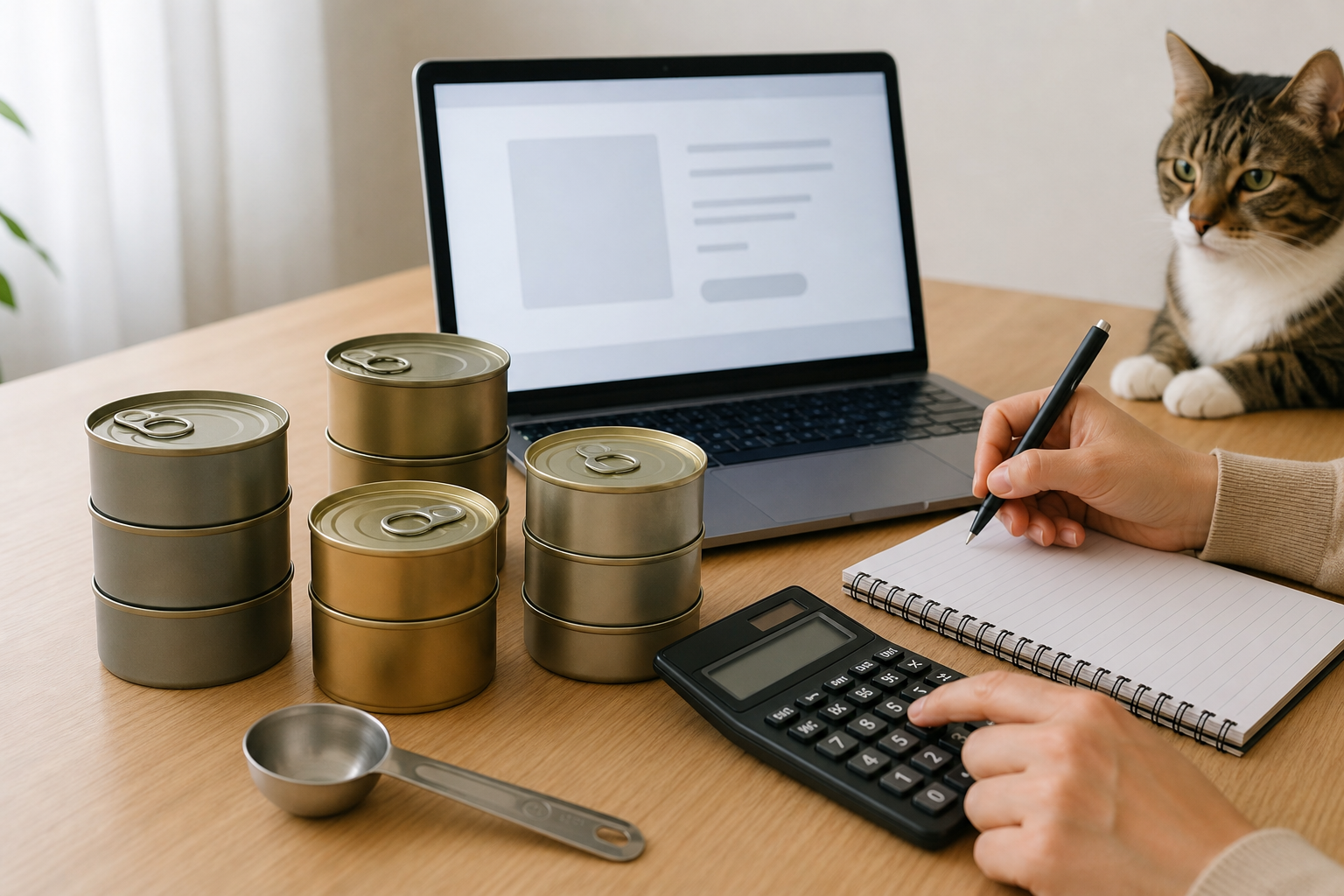 Unbranded wet cat food cans, calculator and checkout notes used to compare daily feeding cost