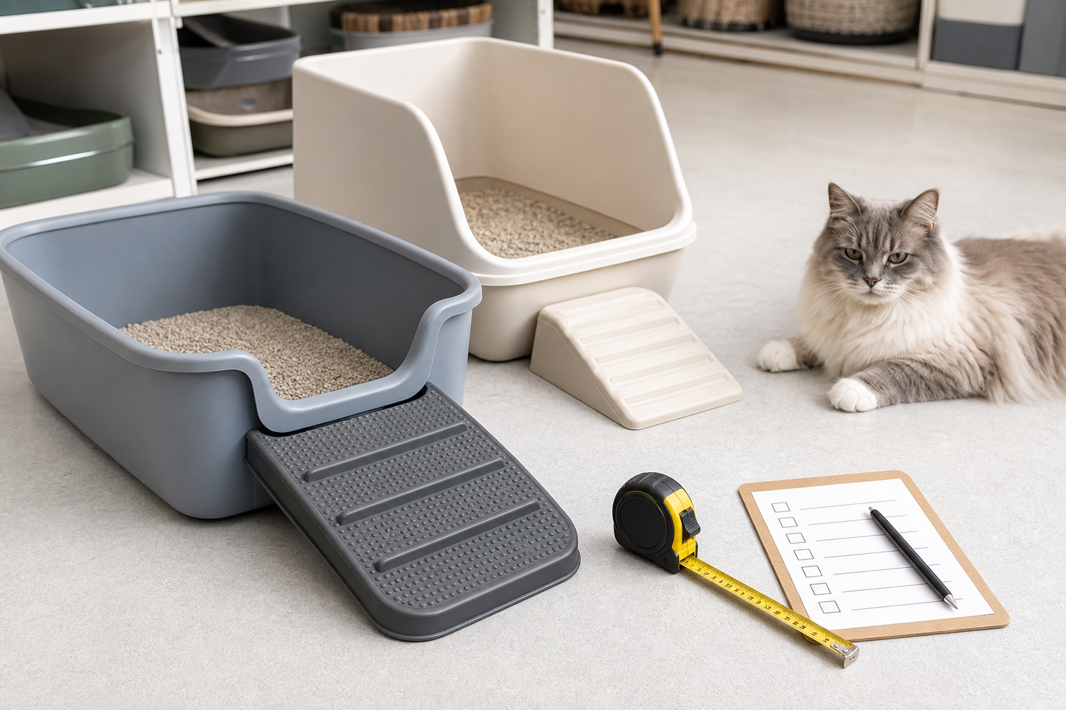 Unbranded cat litter box ramp and low-entry tray comparison before checkout