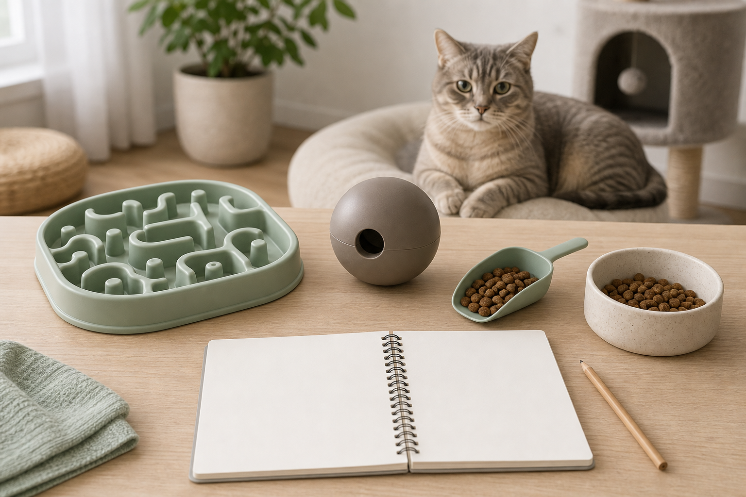 Unbranded cat puzzle feeders with kibble portions for a checkout comparison