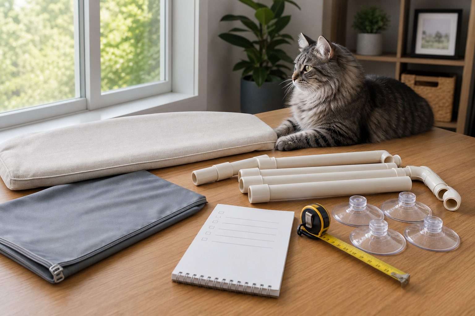 Unbranded cat window perch parts with suction cups, measuring tape and a blank checklist