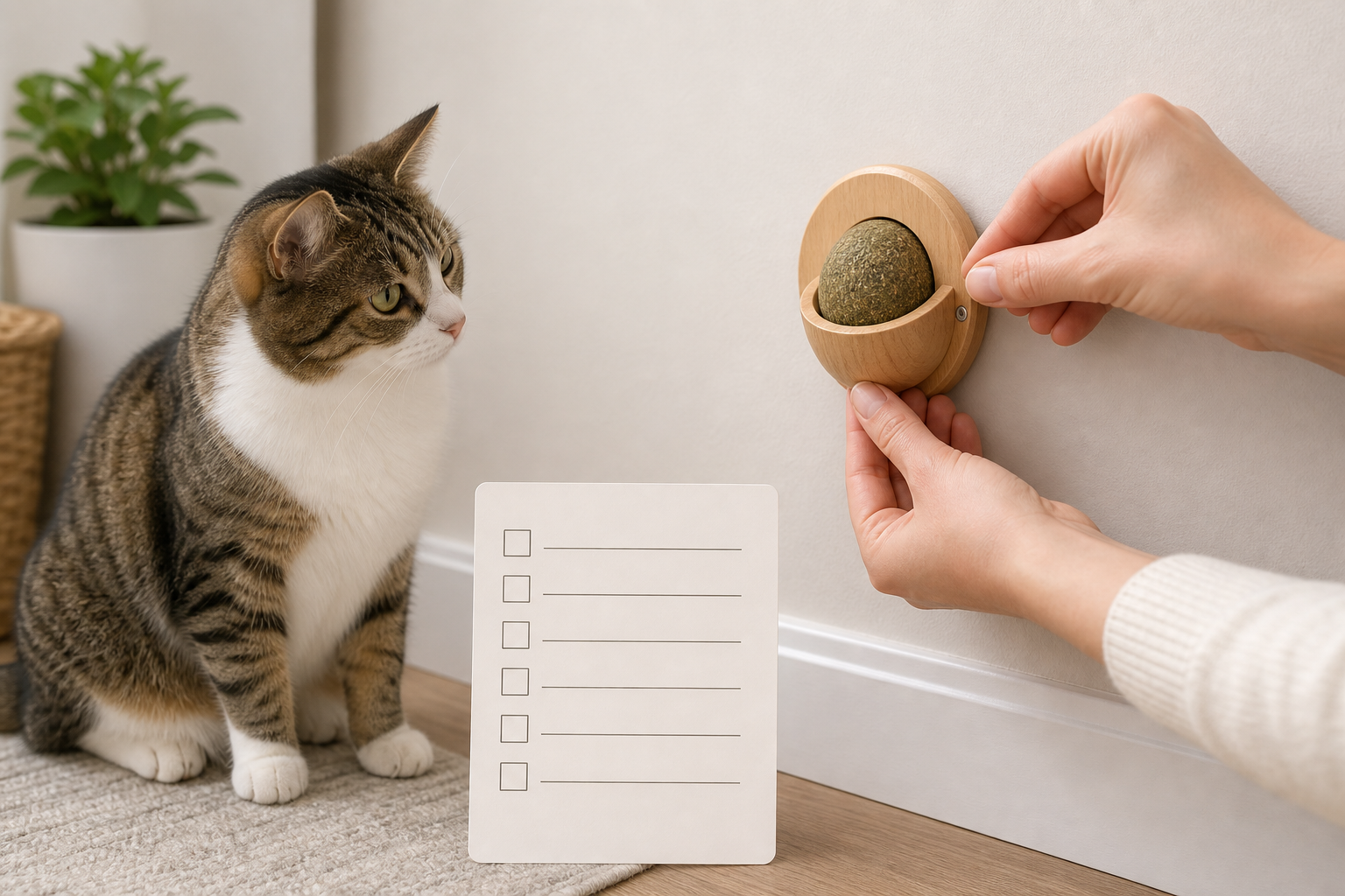 Safety check of an unbranded wall-mounted catnip toy with a calm cat nearby