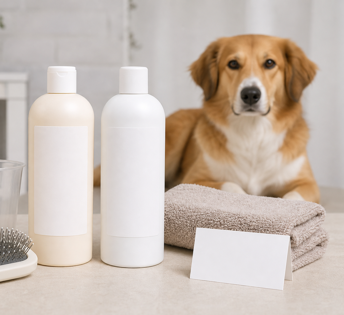 Unbranded dog shampoo bottles with towel and brush for checkout comparison