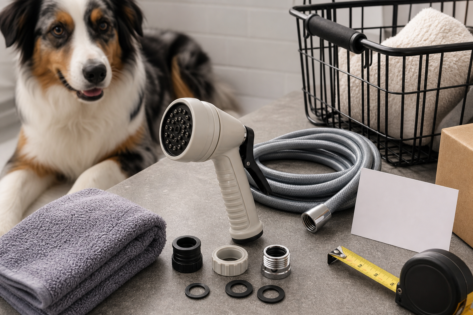 Unbranded dog bath sprayer checkout scene with hose adapters and towels