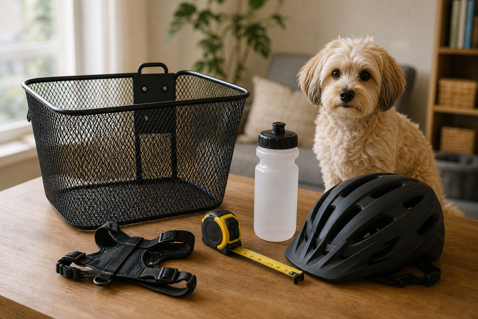 Unbranded dog bike basket with harness measuring tape helmet and water bottle
