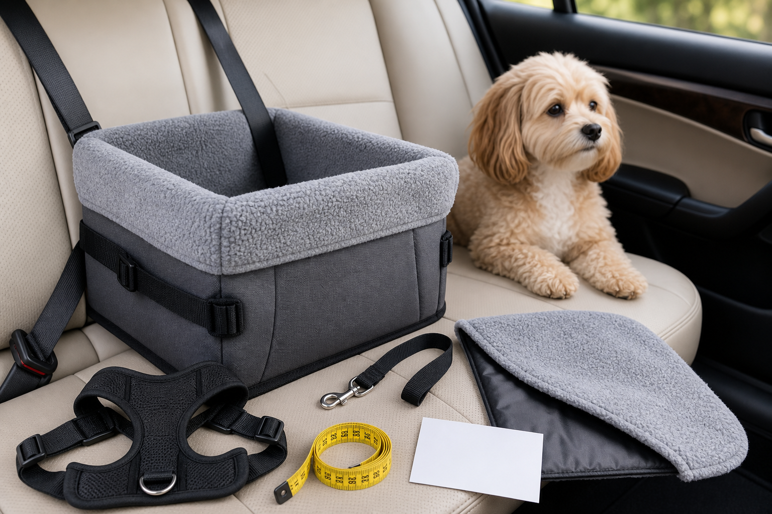 Unbranded dog booster travel seat checkout scene with harness, seat belt and measuring tape