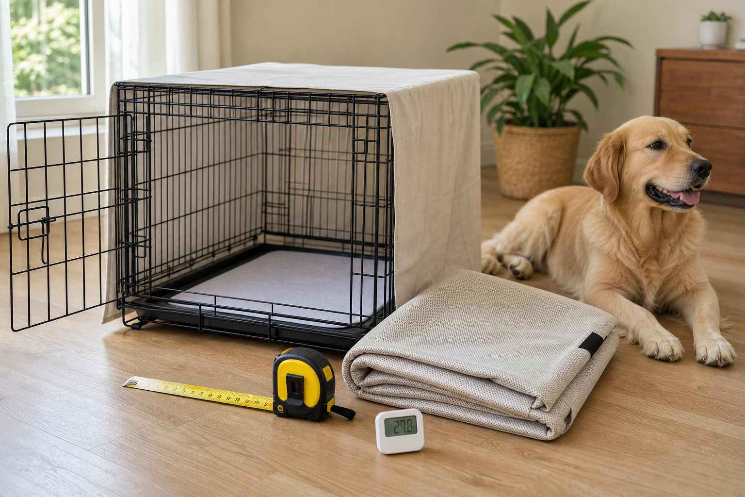 Dog crate cover sizing and ventilation check with measuring tape and thermometer