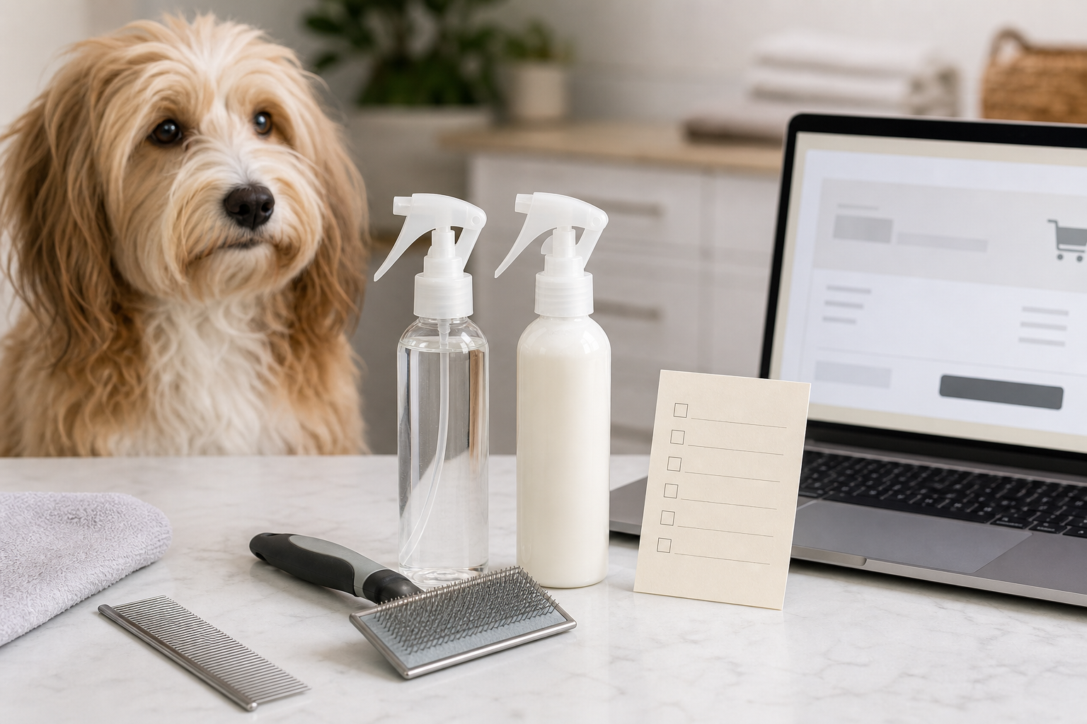 Unbranded dog detangler spray checkout scene with grooming tools and a calm long-haired dog