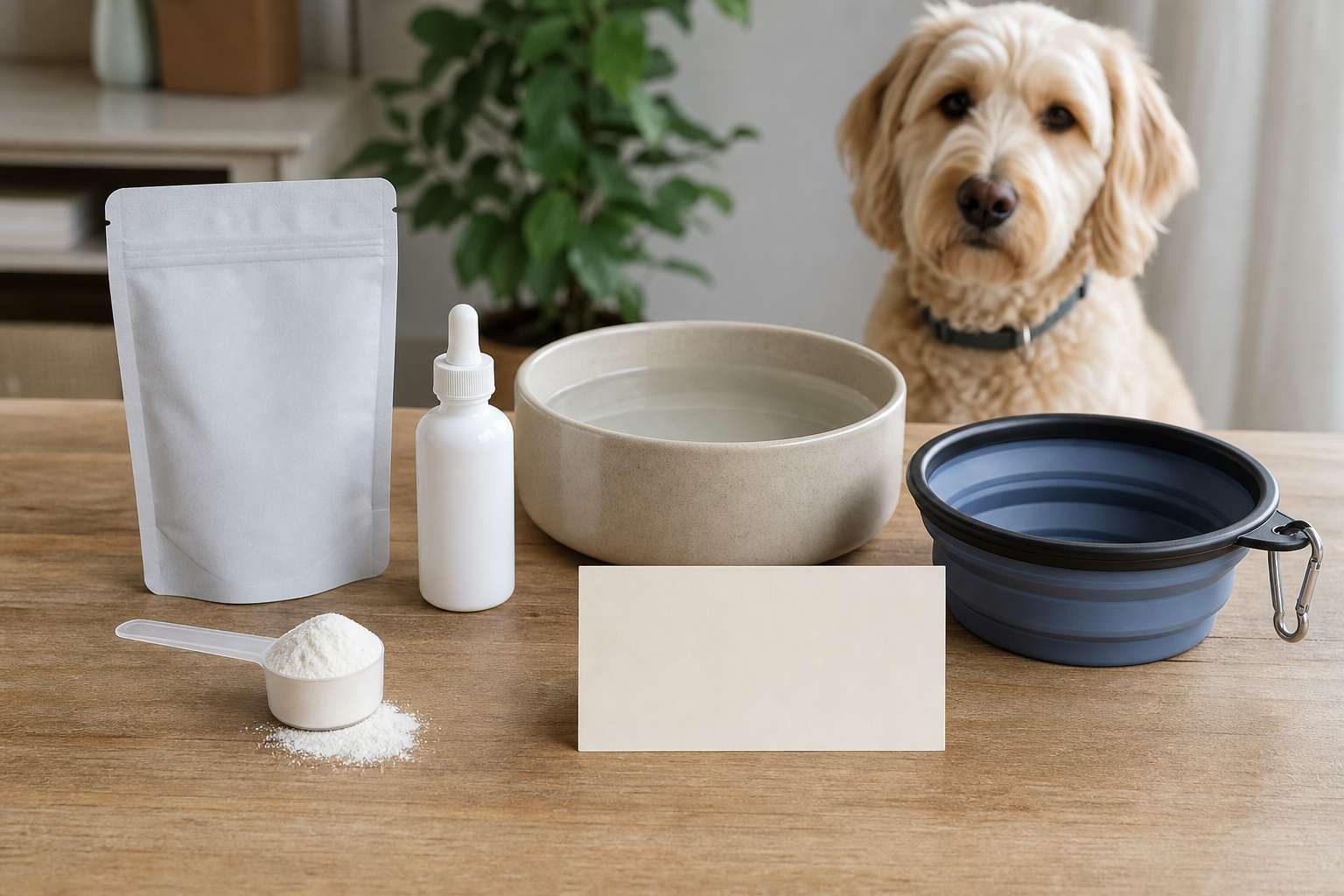 Unbranded dog hydration powder and dropper beside water bowls before checkout