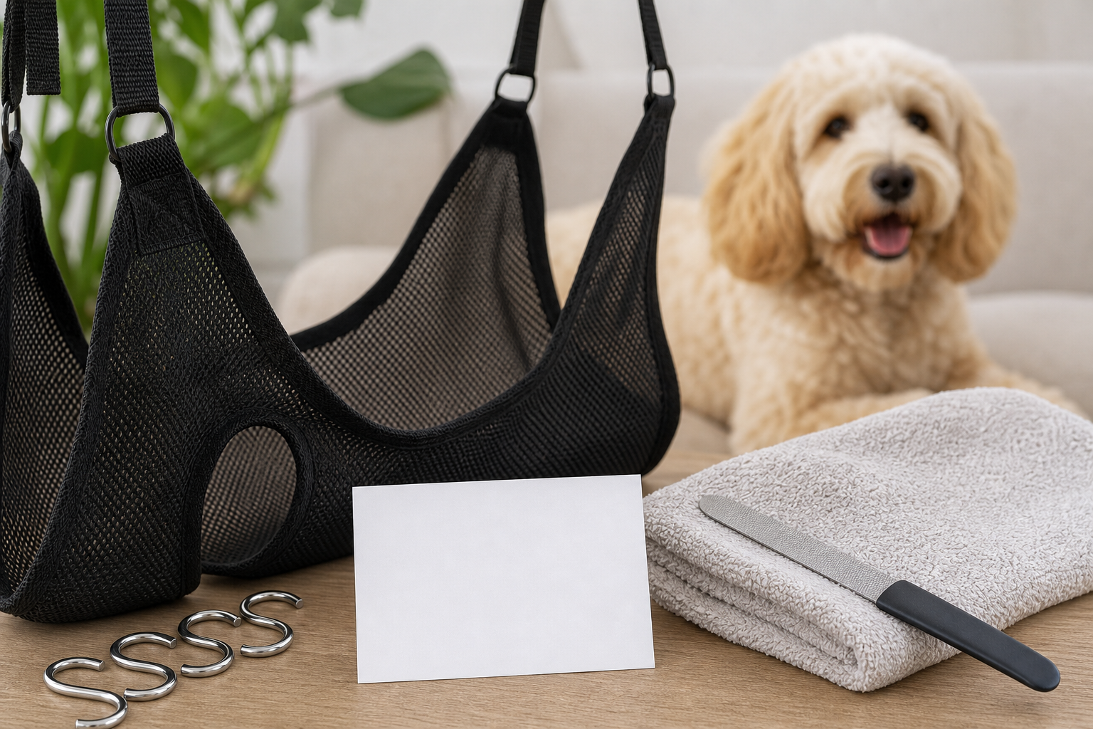 Unbranded dog grooming hammock with hooks, towel and blank return card
