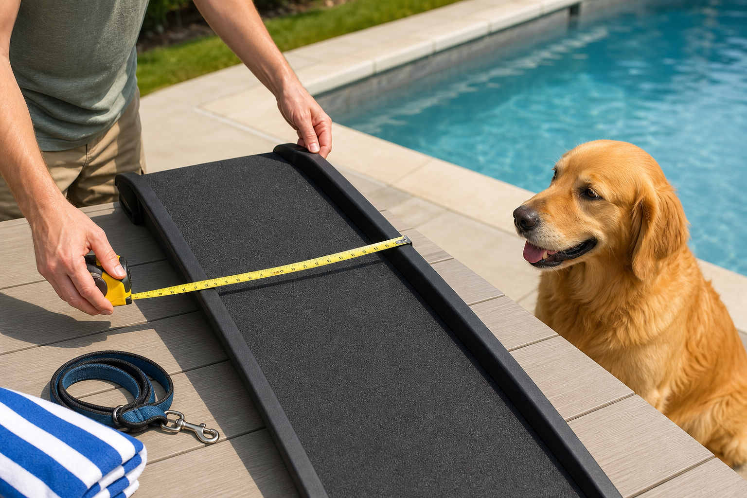 Measuring a generic unbranded dog pool ramp beside a swimming pool
