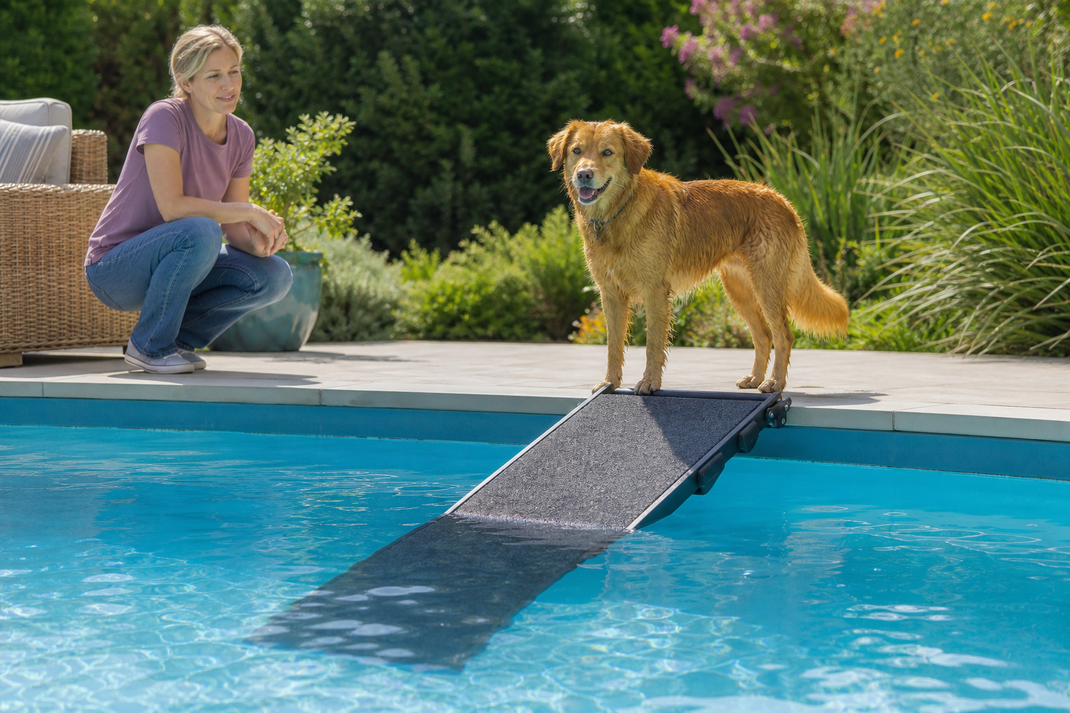 Dog beside a generic unbranded pool ramp near a backyard swimming pool