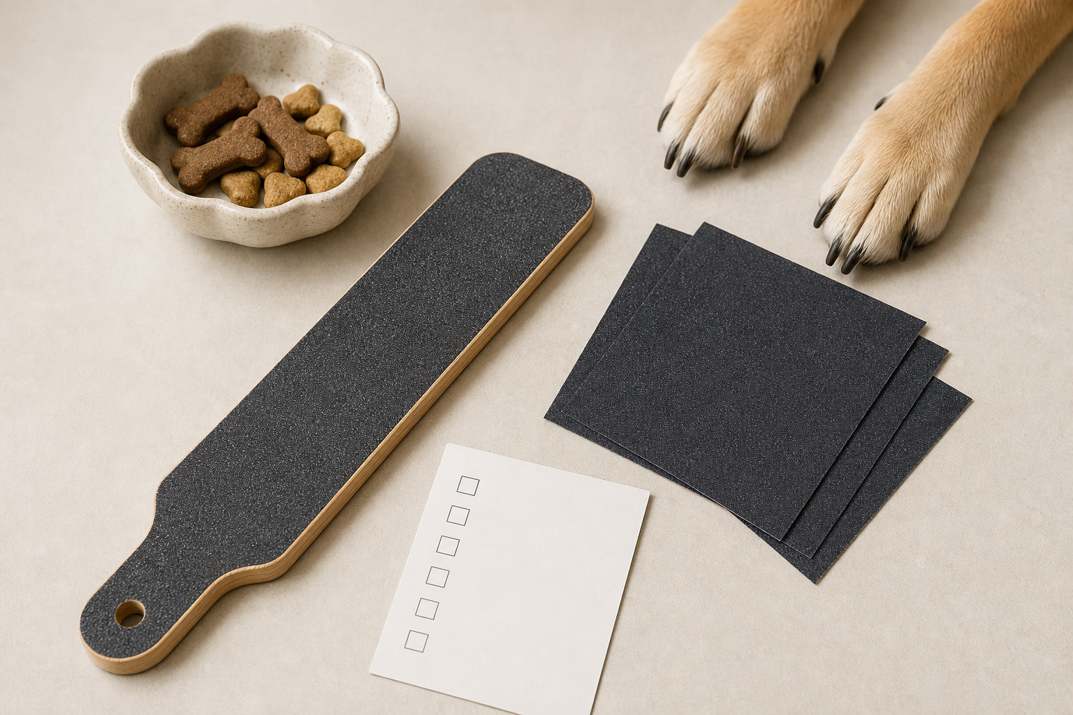 Generic unbranded dog nail scratch board with replacement sanding sheets and treats