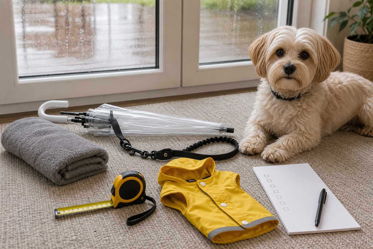 Unbranded dog umbrella leash checkout scene with a small dog, towel and measuring tape