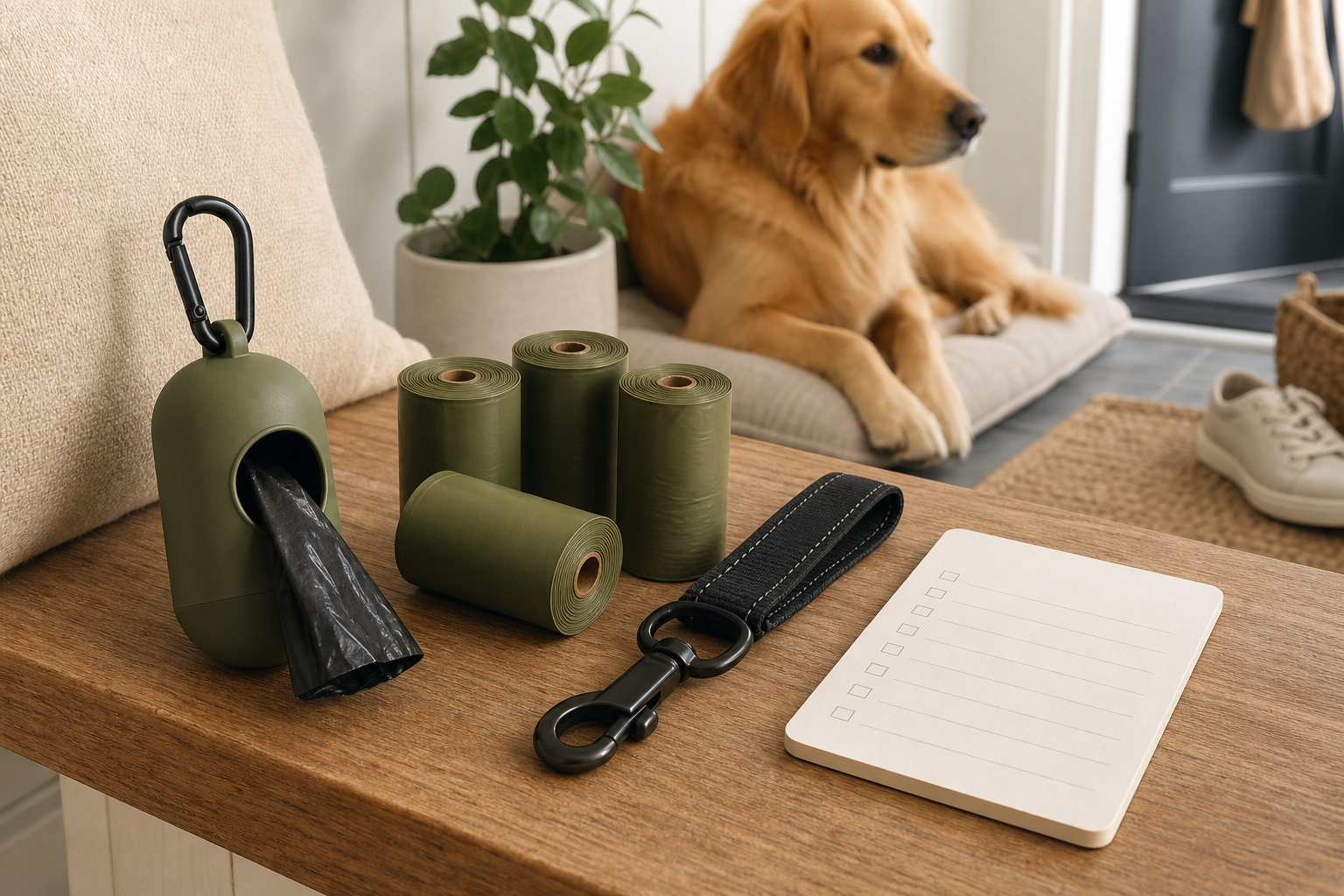 Unbranded dog waste bag dispenser, refill rolls, leash clip and blank checklist.