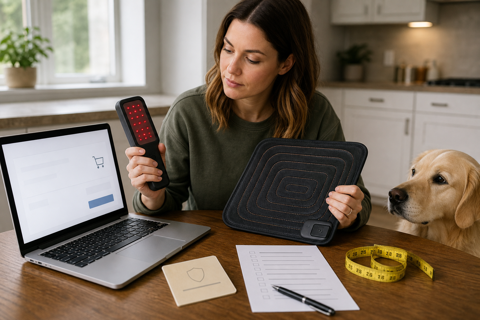 Pet owner comparing unbranded dog wellness devices before checkout