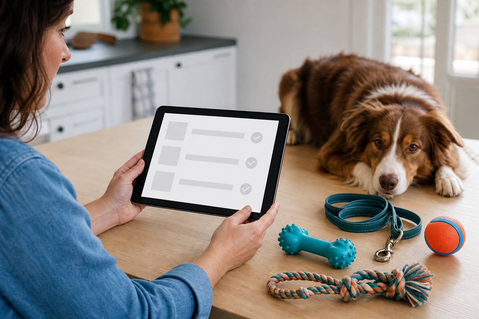 Dog owner reviewing a generic pet streaming subscription checklist