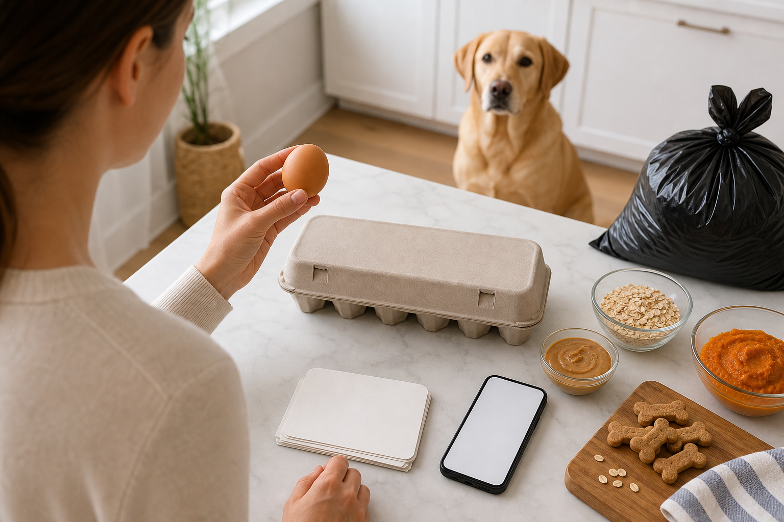 Unbranded egg carton and pet treat ingredients with a blank checkout checklist