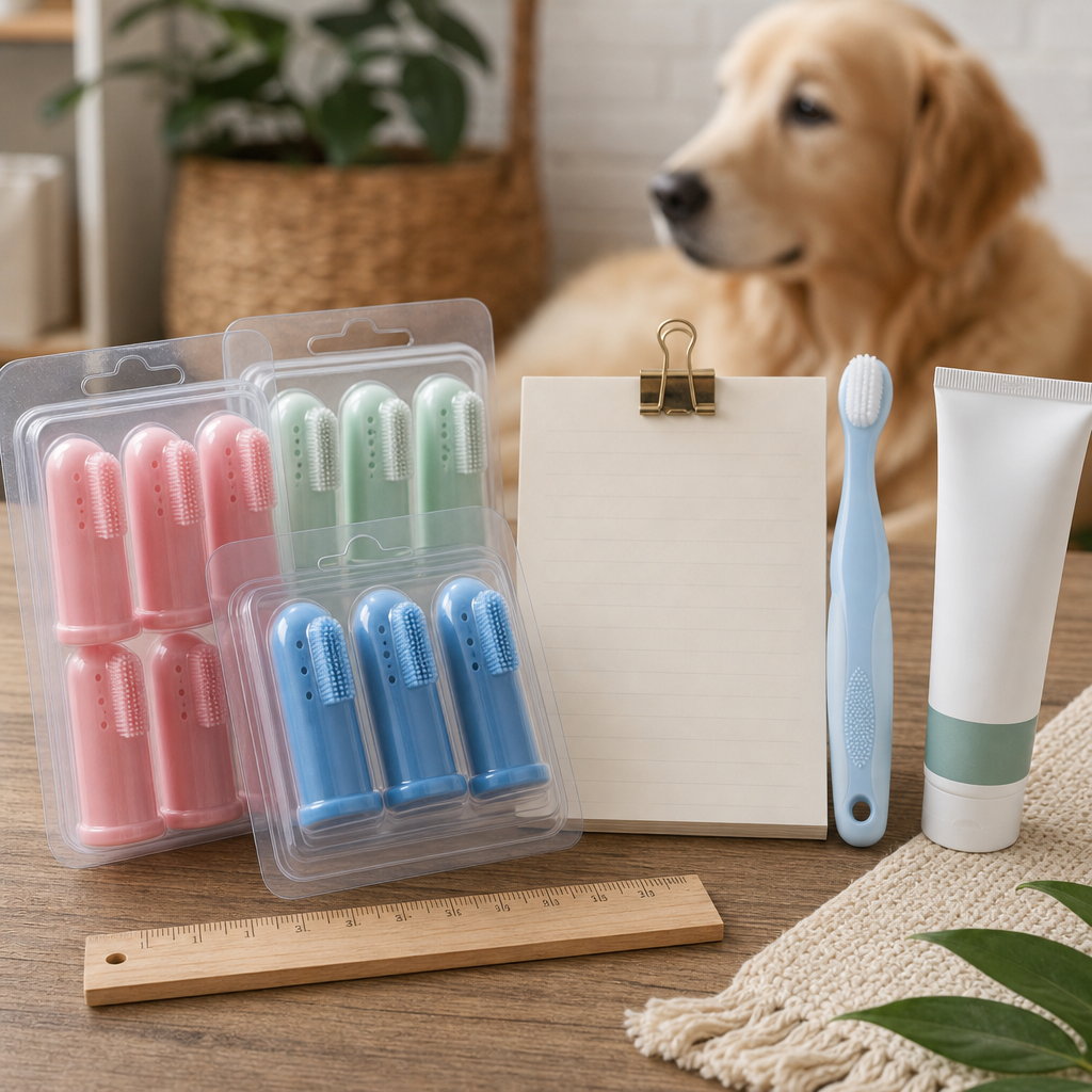 Unbranded pet finger toothbrush packs with a manual brush and checkout checklist