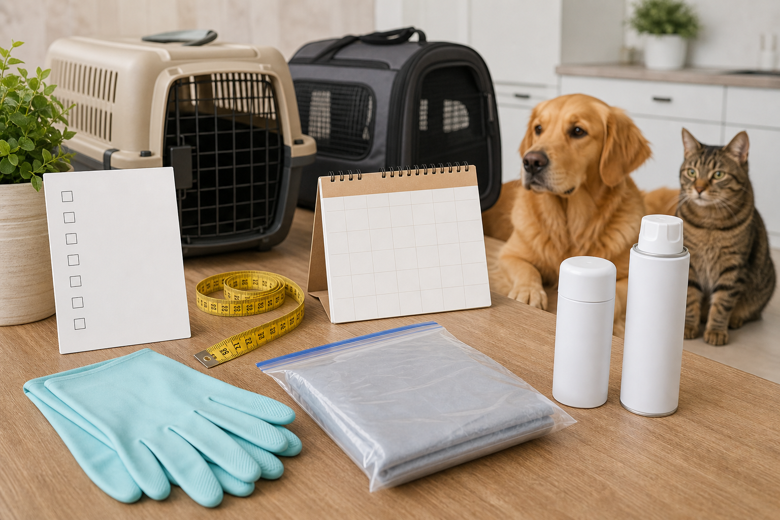 Pet flea fogger checkout checklist with unbranded supplies and calm dog and cat