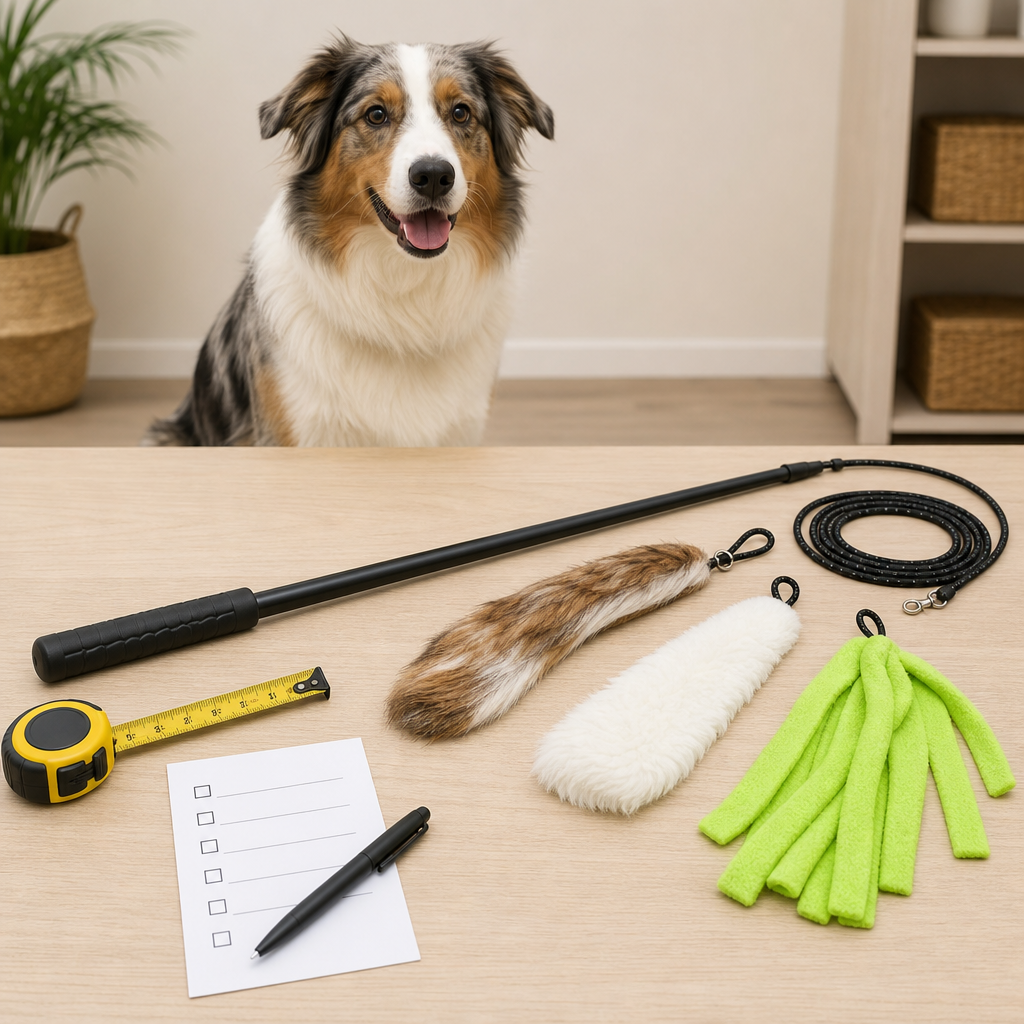 Unbranded flirt pole toy with replacement lures and a calm dog in the background